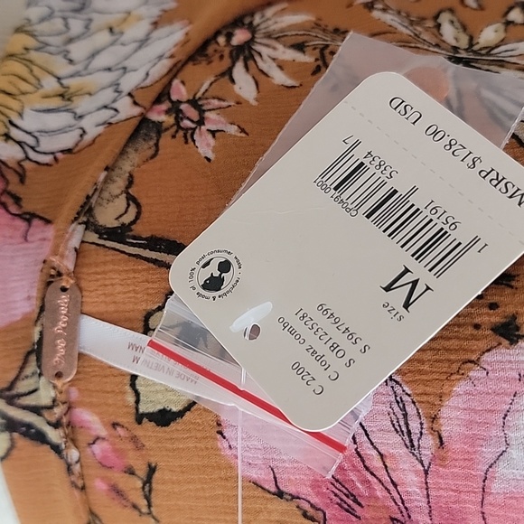 FREE PEOPLE Cherry Blossom Long Sleeve Plunge Neck Hi Low Hem Cottage Dress M - Picture 7 of 9